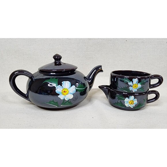 Vintage Japanese Lusterware Stacking Teapot Set – Hand Painted Floral – 3 pc Set - Picture 2 of 12